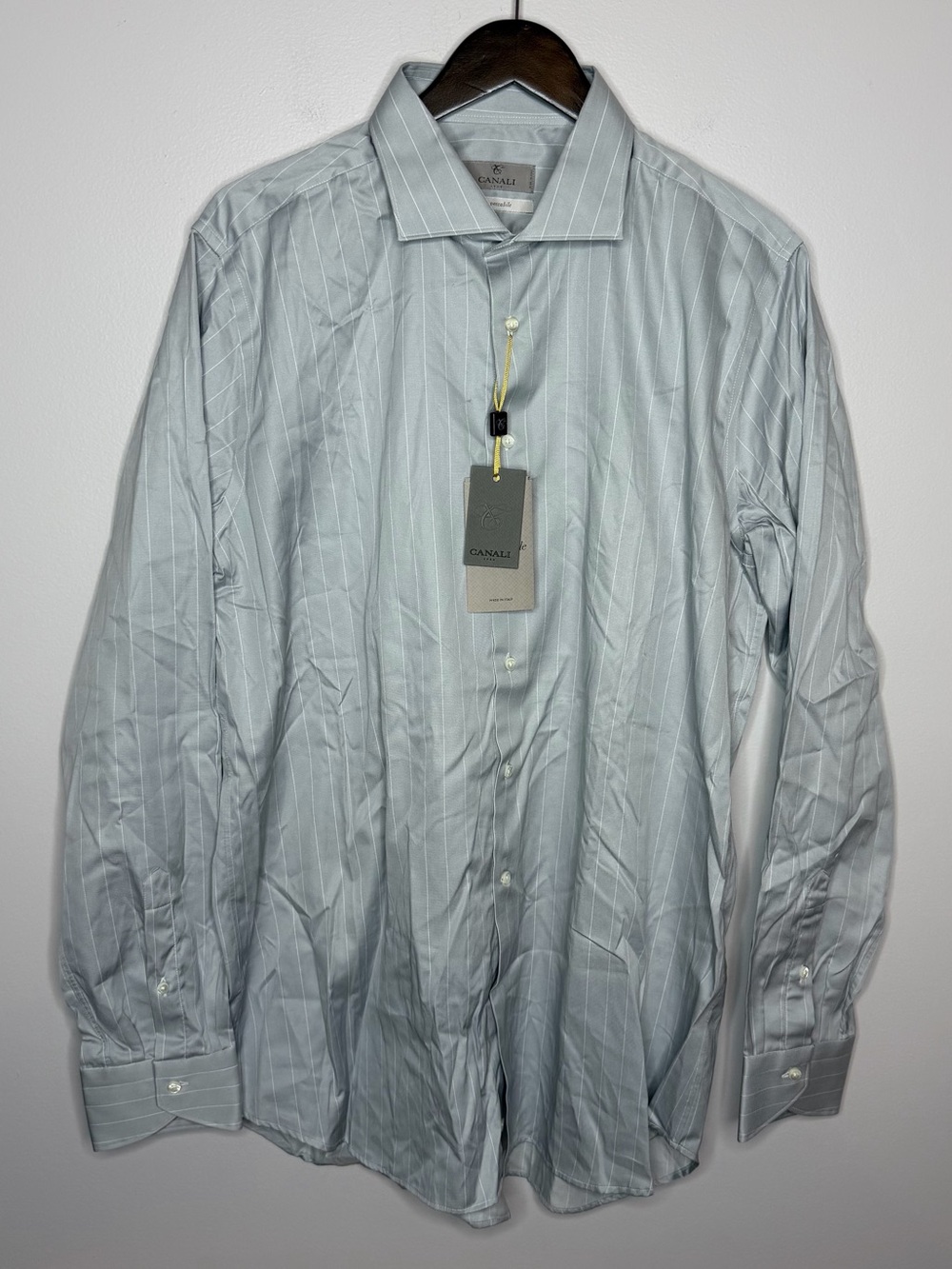 NWT Canali Impeccable Light Gray/White Pin Stripe Dress Shirt Mens 44-17.5